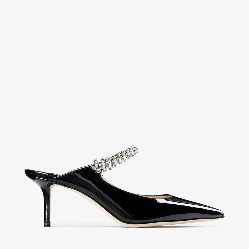 Jimmy Choo Bing 65  Black Patent Leather Mules with Crystal Strap
