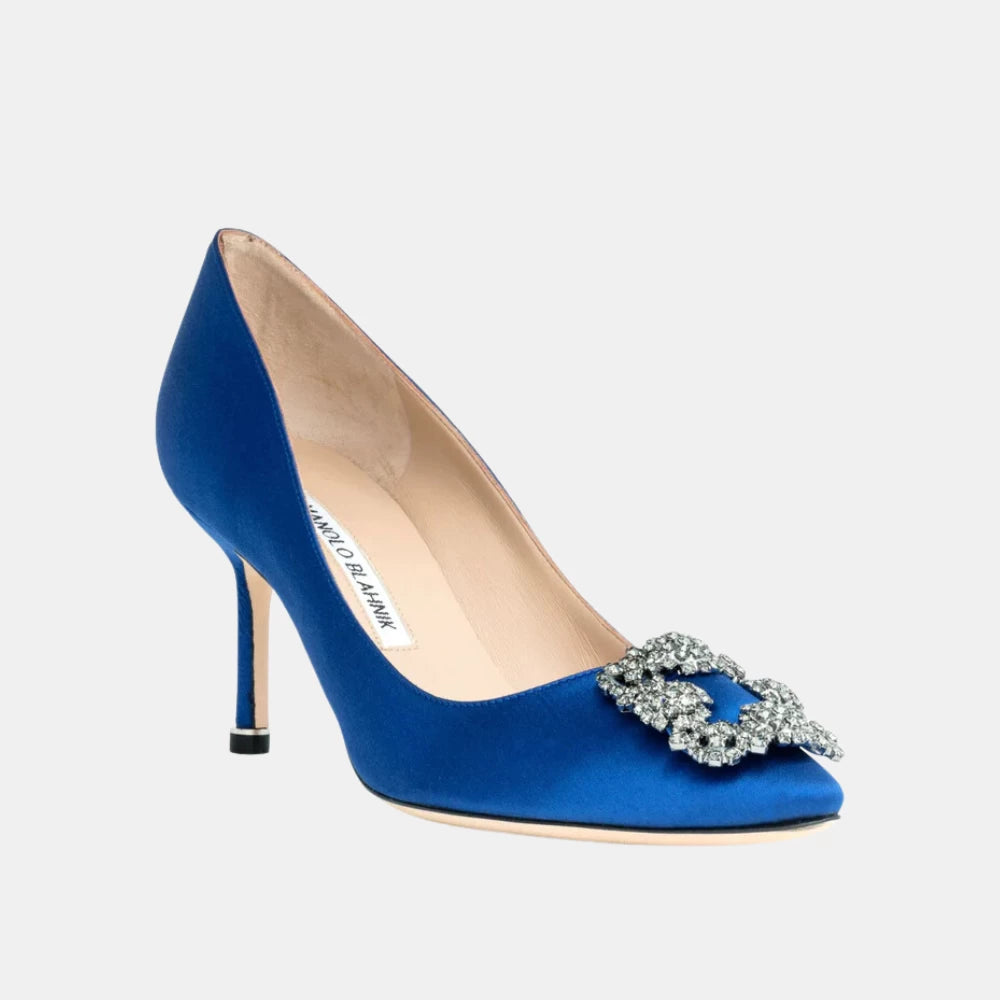 Manolo Blahnik HANGISI 70 Blue Satin Jewel Buckle Pumps