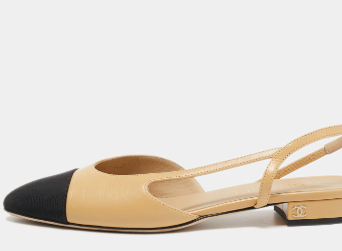 Chanel Beige/Black Leather and Canvas Slingback Flat Sandals