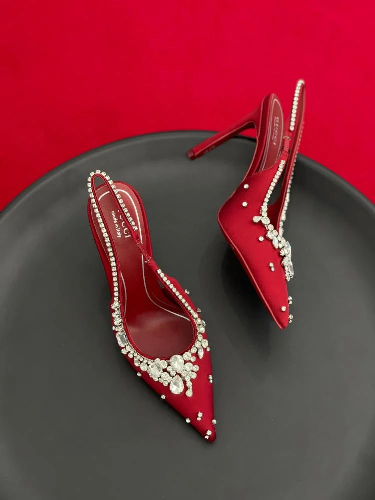 Gucci Crystal Embellished High Heels with Red Back Strap
