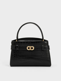 Charles & Keith Aubrielle Croc-Effect Top Handle Bag - Black