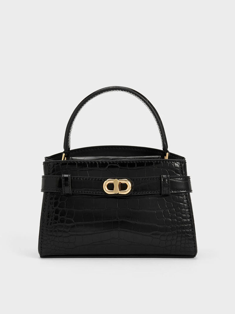 Charles & Keith Aubrielle Croc-Effect Top Handle Bag - Black