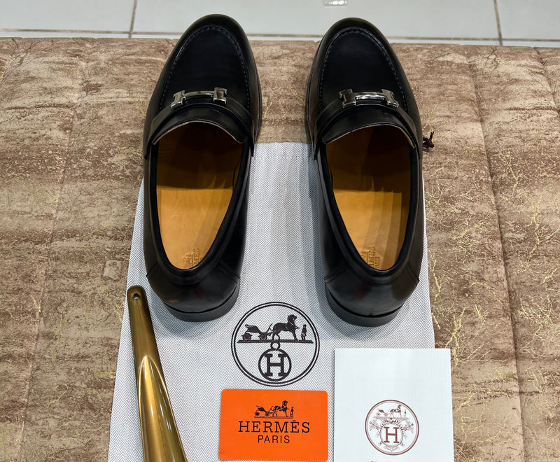 Hermes Black Silver Buckle Major Loafer