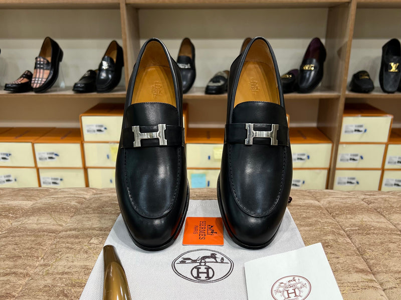 Hermes Black Silver Buckle Major Loafer