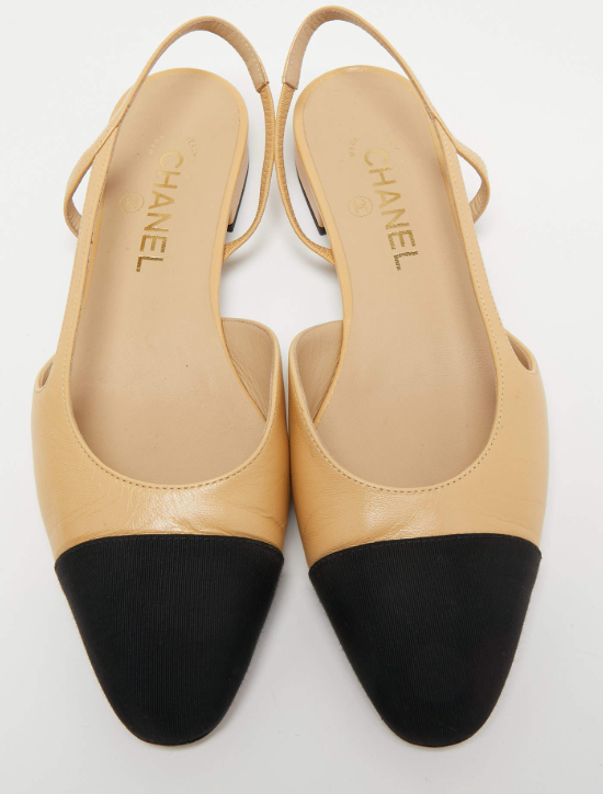 Chanel Beige/Black Leather and Canvas Slingback Flat Sandals
