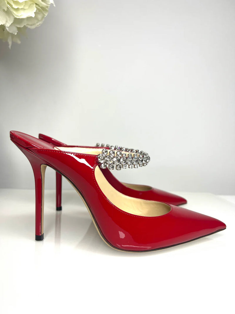 Jimmy Choo Bing 65 Red Patent Leather Mules with Crystal Strap