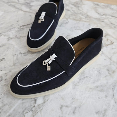 Loro Piana Summer Walk Charms Loafers, Suede, Navy/White.