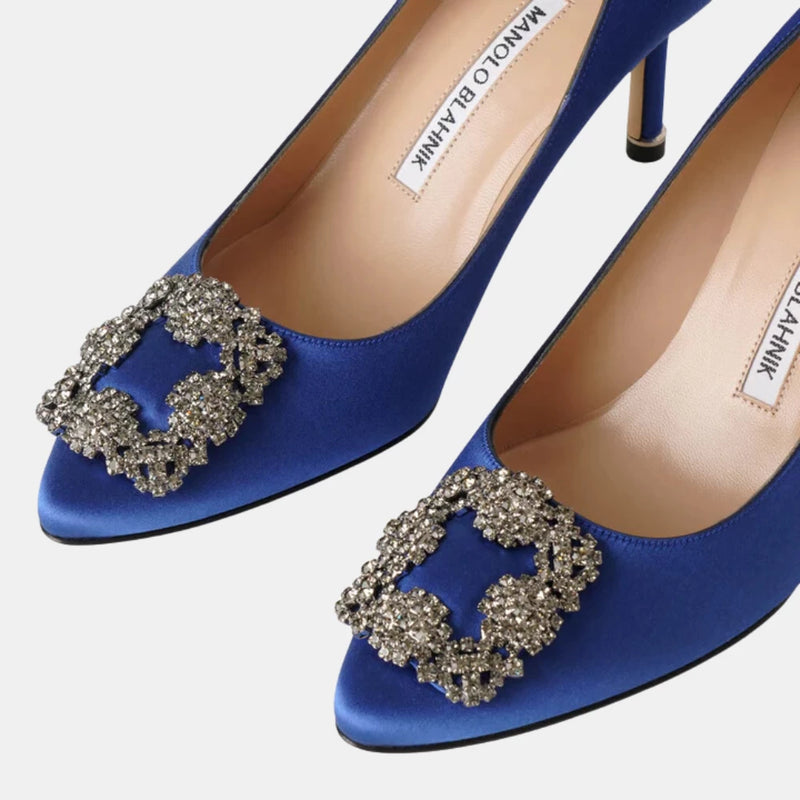 Manolo Blahnik HANGISI 70 Blue Satin Jewel Buckle Pumps