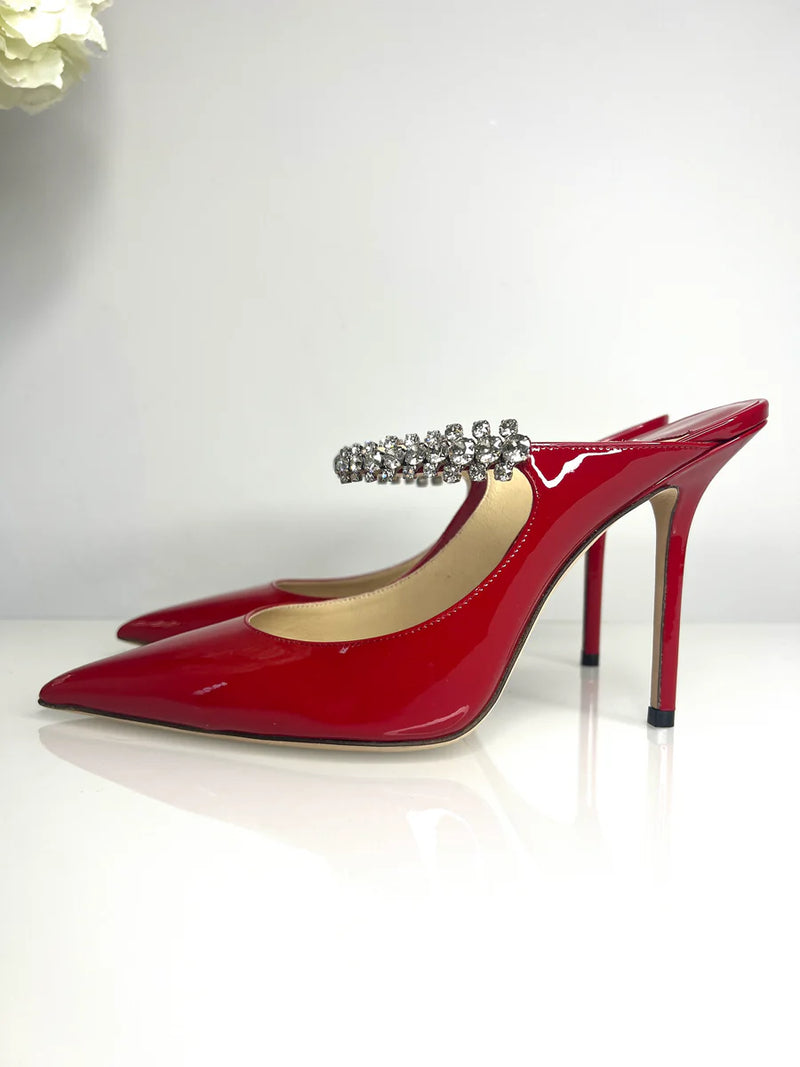 Jimmy Choo Bing 65 Red Patent Leather Mules with Crystal Strap