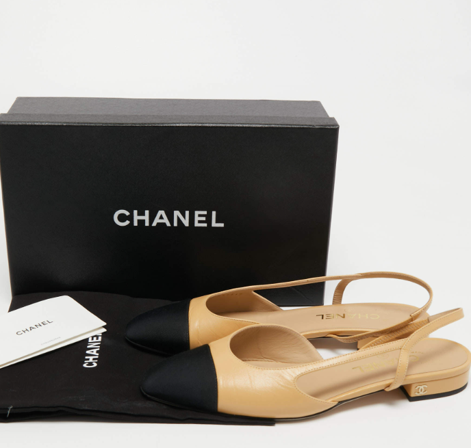 Chanel Beige/Black Leather and Canvas Slingback Flat Sandals