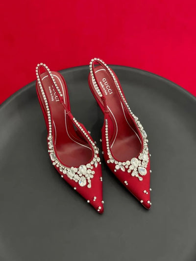 Gucci Crystal Embellished High Heels with Red Back Strap