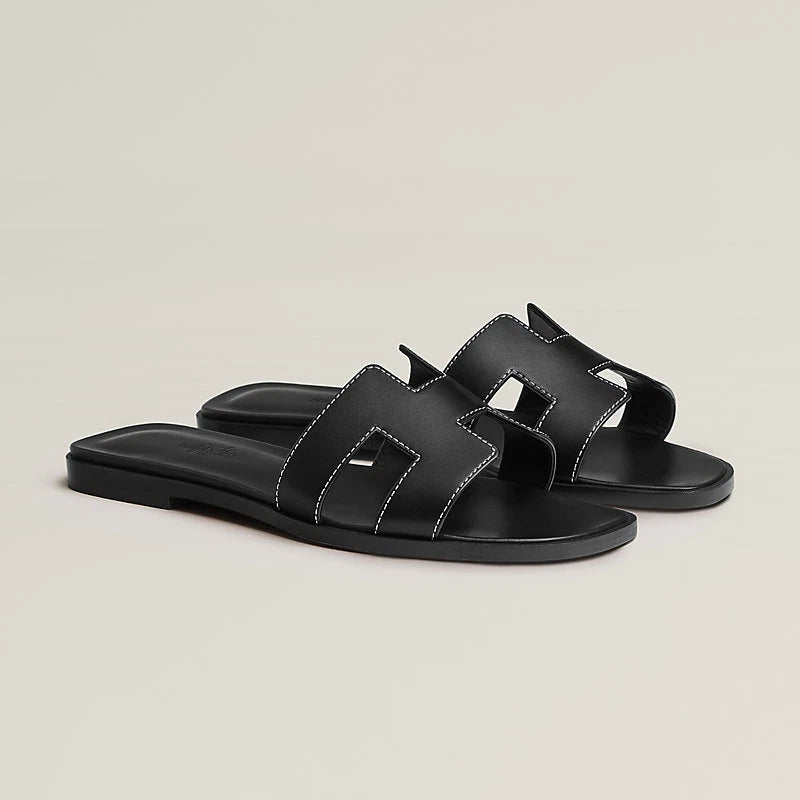 Hermes Black Oran Sandals With White Stiches
