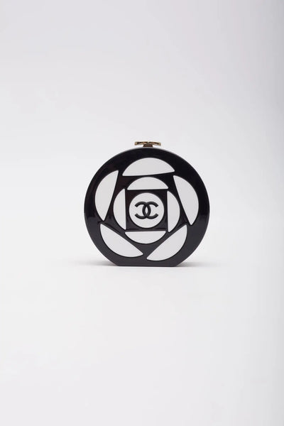 Chanel Resin Plexi Black White CC Camellia Minaudiere Clutch