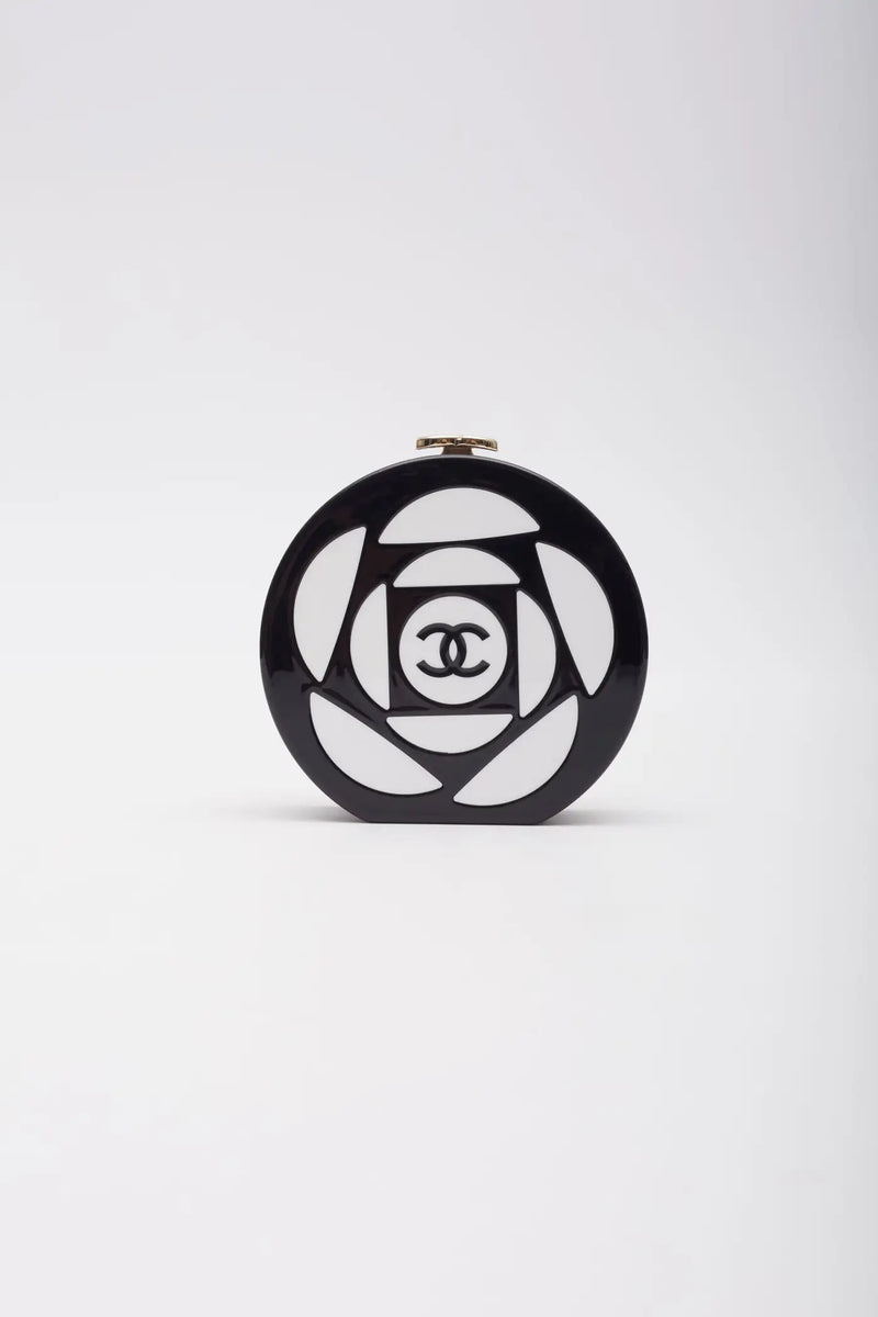 Chanel Resin Plexi Black White CC Camellia Minaudiere Clutch