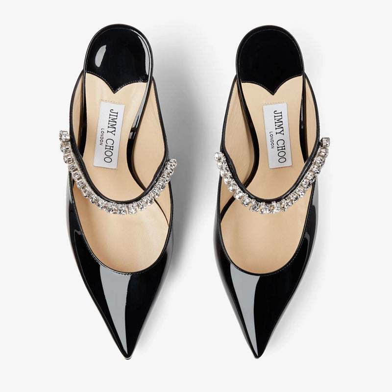 Jimmy Choo Bing 65  Black Patent Leather Mules with Crystal Strap