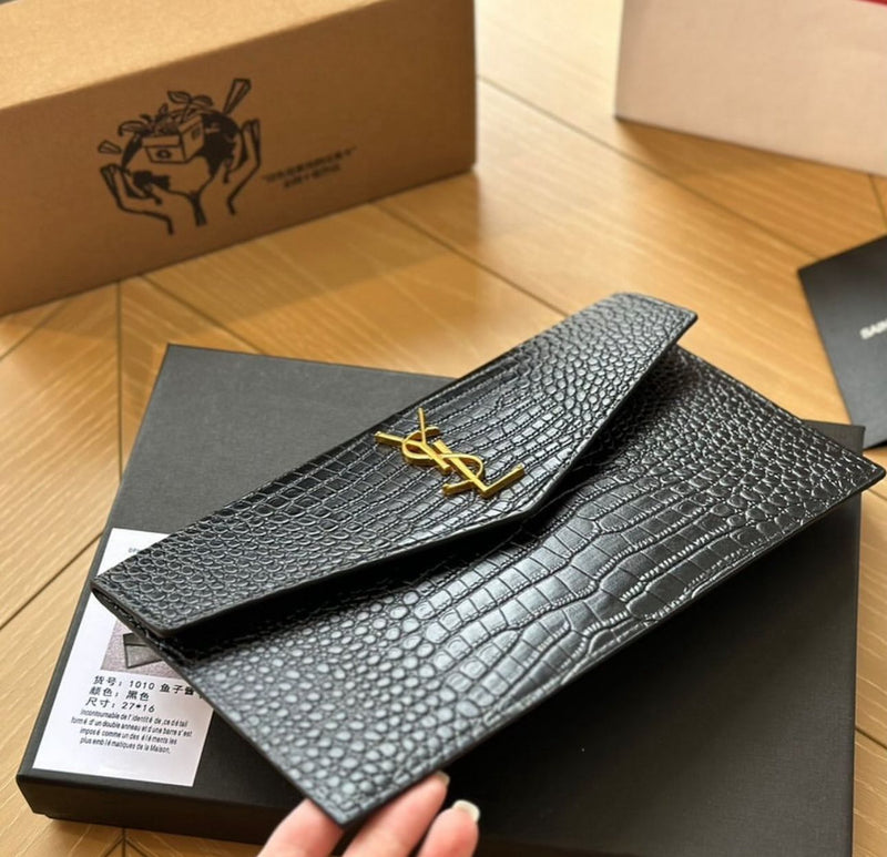 YSL uptown pouch in crocodile-embossed shiny leather