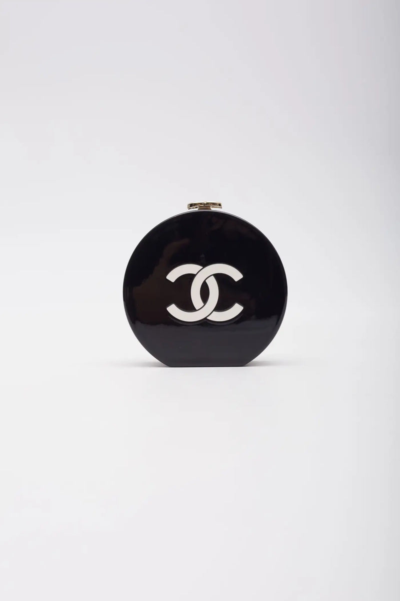 Chanel Resin Plexi Black White CC Camellia Minaudiere Clutch