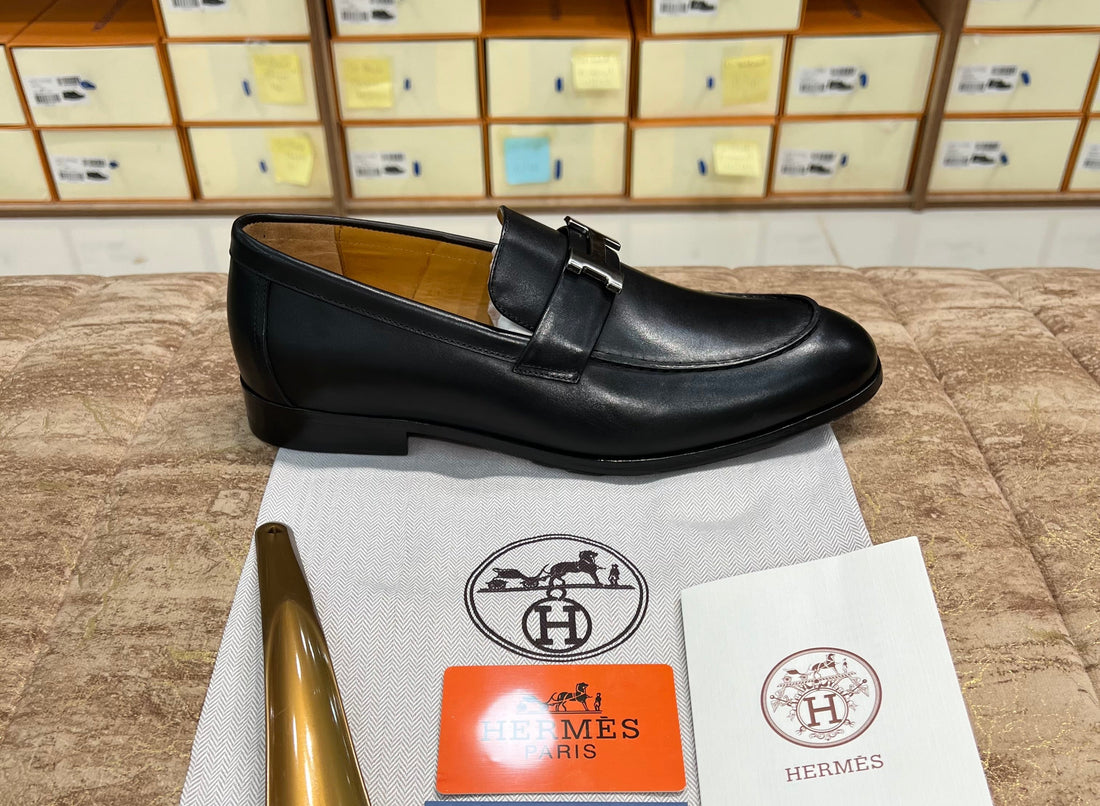 Hermes Black Silver Buckle Major Loafer
