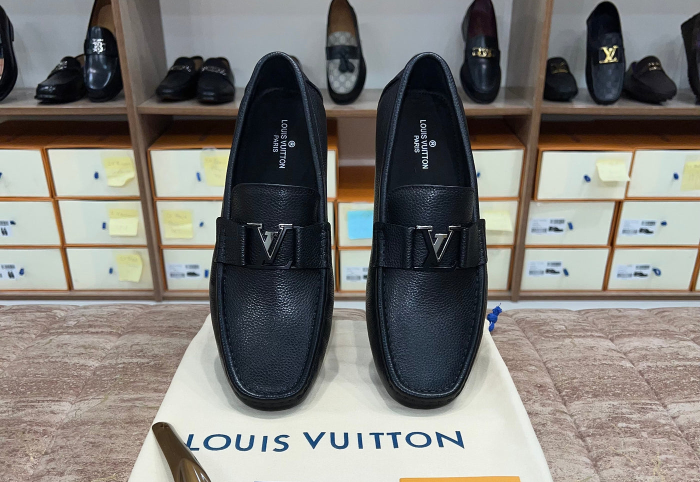 Louis Vuitton Texture Black Silver Logo Normal Loafer