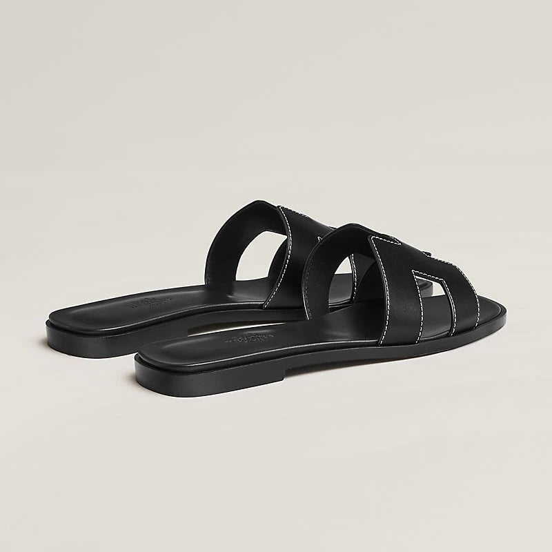 Hermes Black Oran Sandals With White Stiches