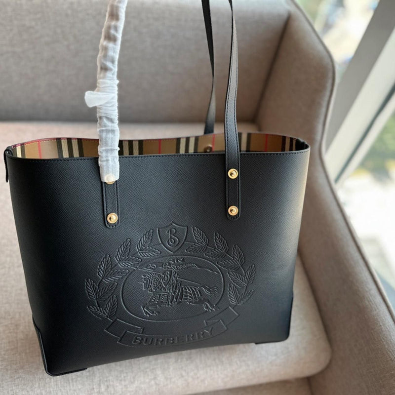 Burberry Black Leather Crest Tote Bag
